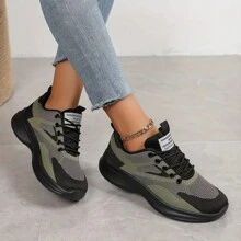 Women's Casual Athletic Sneakers - Breathable Mesh Running Shoes With Soft, Comfortable Lace-Up Design, Geometric Pattern, All-Season Low-Top In Gray/White/Green With MD Sole - Hand Or Dry Clean Only