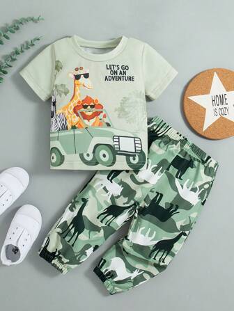 Baby Boy 2pcs/Set Letter, Giraffe, Lion, Zebra & Car Graphic Short Sleeve Top + Camouflage Cargo Pants Outfit
