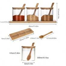 3pcs/Set Bamboo & Wood Spice Jar Set, Decorative Storage Glass Containers With Bamboo Lids, Spoons And Stands, For Home Kitchen Cafe To Store Salt, Sugar, Pepper And Other Spices
