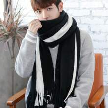 Cachecol de caxemira masculino à prova de vento, cachecol longo de lã com borla, cor de emenda macia, lenço de pescoço de inverno