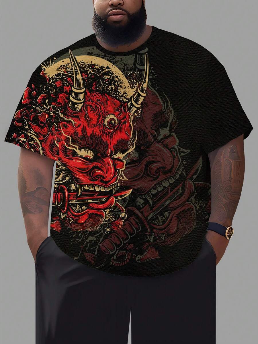 1pc Plus Size Men's Casual Red Skull Pattern T-Shirt, Suitable For All Seasons - Black - View 1