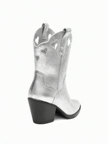 Women's Y2K Chunky Platform Ankle Boots Fashionable Love Hollow Design Almond Head Scalp Surface Slip-On Commuting Summer Black Boots - 銀色 - 查看 8
