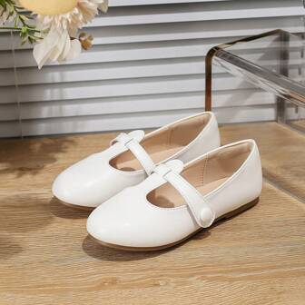 1 Pair Girls Mary Jane Style PU Button Decor Flat Casual Shoes, Cute Design, Suitable For Spring And Autumn