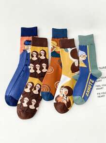 5 Pairs Of Men's And Women's Socks Four Seasons Multi-Color Cartoon French Classical Oil Painting Mona Lisa Retro Artistic Style Personalized Funny Fashion Daily Casual Tube Socks