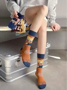 5 Pairs Of Men's And Women's Socks Four Seasons Multi-Color Cartoon French Classical Oil Painting Mona Lisa Retro Artistic Style Personalized Funny Fashion Daily Casual Tube Socks