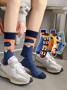 5 Pairs Of Men's And Women's Socks Four Seasons Multi-Color Cartoon French Classical Oil Painting Mona Lisa Retro Artistic Style Personalized Funny Fashion Daily Casual Tube Socks