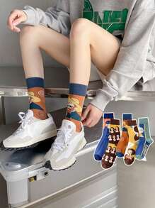 5 Pairs Of Men's And Women's Socks Four Seasons Multi-Color Cartoon French Classical Oil Painting Mona Lisa Retro Artistic Style Personalized Funny Fashion Daily Casual Tube Socks