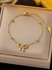 1pc Women Gold-Tone Stainless Steel Beaded Bow Link Chain Bracelet Fashionable Daily Versatile Jewelry Accessory Gift - Gold - View 1