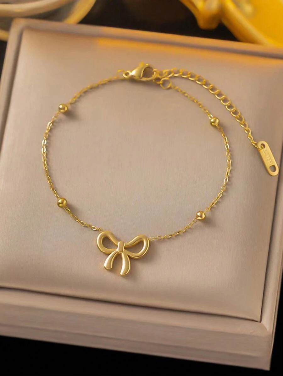 1pc Women Gold-Tone Stainless Steel Beaded Bow Link Chain Bracelet Fashionable Daily Versatile Jewelry Accessory Gift - Gold - View 1