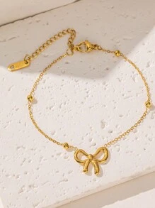 1pc Women Gold-Tone Stainless Steel Beaded Bow Link Chain Bracelet Fashionable Daily Versatile Jewelry Accessory Gift - Gold - View 3