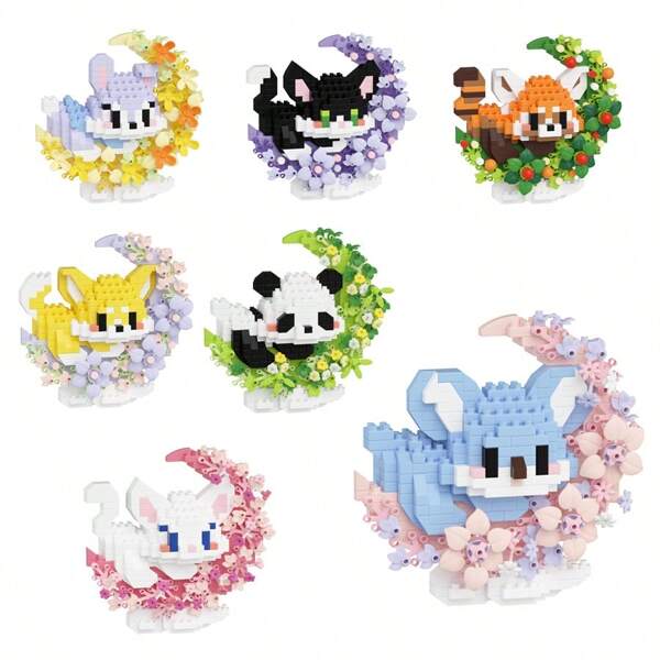 Blocs de construction à petites particules créatifs avec motifs de lune, fleurs et animaux, micro-blocs pour jouets DIY, jeux de briques nano chat panda, cadeaux pour la Saint-Valentin/Nouvel An/Noël, décorations de bureau, ornements mignons