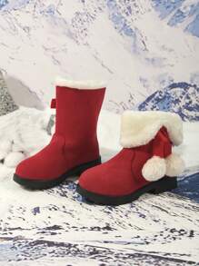 Giày bốt mùa đông cho bé gái, giày bốt đi tuyết thời trang phong cách mới có nơ, giày bốt cổ cao cho trẻ mới biết đi và trẻ nhỏ, lót ấm, màu đỏ cho Giáng sinh, chống lạnh - Đỏ - Xem 7