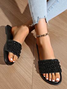 Plus Size Women Flat Sandals, Vacation Casual Versatile Rhinestone Decorated Slide Slippers For Summer