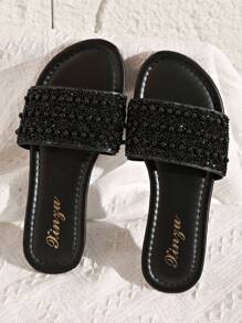 Plus Size Women Flat Sandals, Vacation Casual Versatile Rhinestone Decorated Slide Slippers For Summer