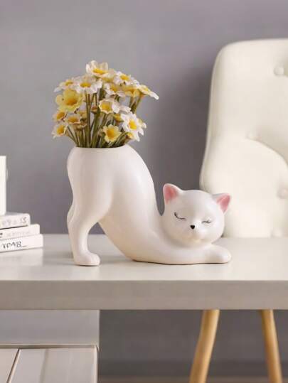 1pc Unique Tailless Cat Little Planter Pot, Cute Kitty Succulent Indoor Flower Pot, Animal Home Decor Plant Pot Holder, Novelty Ceramic Bonsai Flowerpot Ideal Gifts, Lovely Office Desk Room Home Decor Birthday Graduation Back To School Room Decor School Supplies Vase Flower Vase Glass Vase