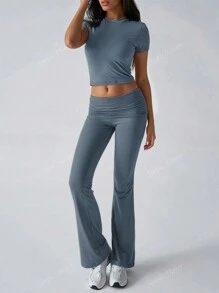 2pcs/Set Women Summer Solid Color Round Neck Short Sleeve Fitted T-Shirt And High Waist Ruffle Flared Pants, Athleisure Set