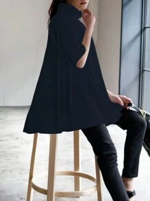 大码时尚休闲宽松立领套头女式衬衫，纽扣装饰，夏季款 - 藏蓝色 - 查看 3