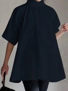 大码时尚休闲宽松立领套头女式衬衫，纽扣装饰，夏季款 - 藏蓝色 - 查看 5