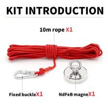 1 set Potente kit di magneti al neodimio da 75 mm (2,95 pollici) da 600 libbre con corda da 10 metri (32,8 piedi) e moschettone, per recupero in fiume