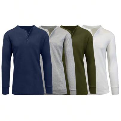 4-Pack Men's Long Sleeve Waffle-Knit Henley Thermal Shirts (Sizes, S - 2XL)