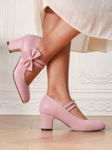 Women's Elegant Bowknot Decor Round Toe Chunky Heel Mary Jane Shoes, Magic Tape Closure For Easy Wearing, Suitable For Party/Wedding/Business Etiquette, All Season Single Shoes/Pink High Heels/Vacation/Ballet Flats