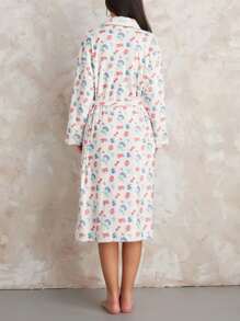 Women Dressing Gown Flannel Robe Floral Print Shawl Collar Bathrobe For Hotel Spa Party Kimono Robe With Belt - trắng - Xem 7