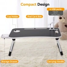 Laptop Bed Desk, Portable Foldable Laptop Table With USB Charging Port, Cup Holder & Storage Drawer, Lap Desk Tray For Bed, Sofa & Floor, Writing, Reading, Or Eating - Black - View 2