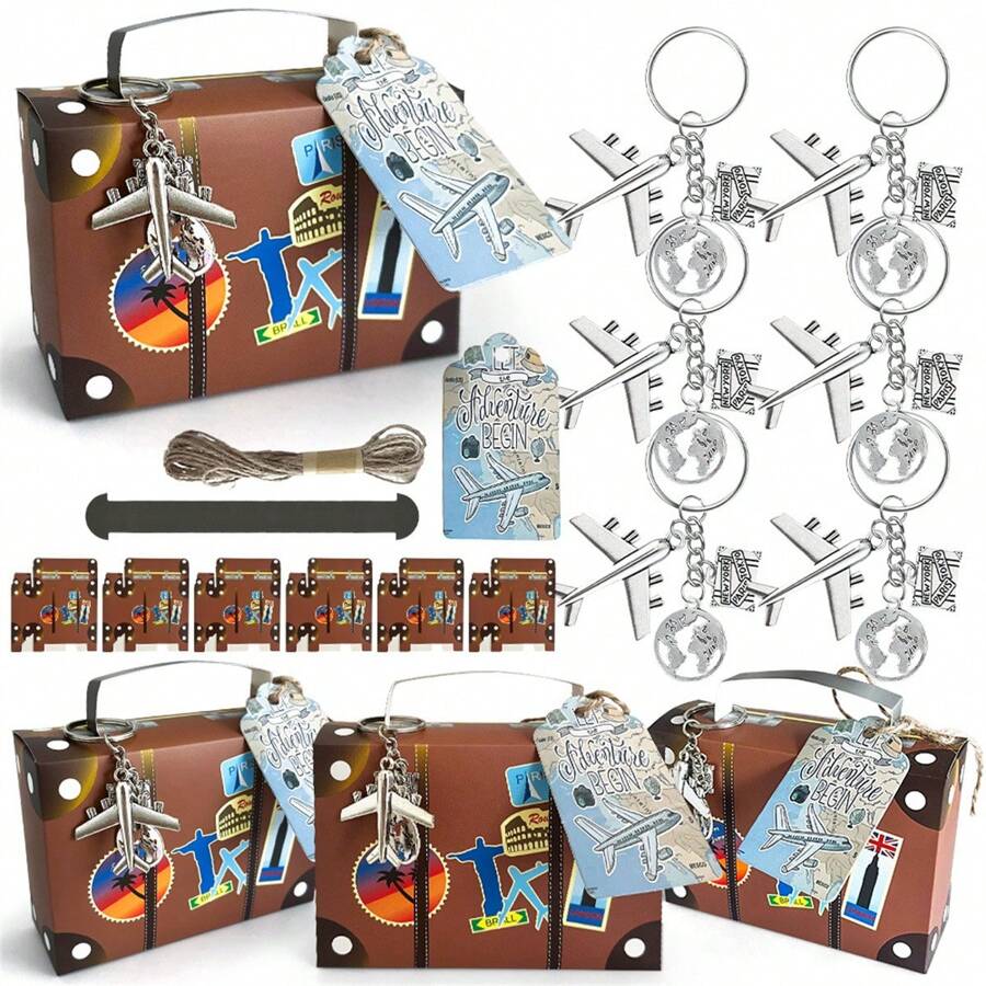 40 Stücke/10 Sets Welt Karten Mini Koffer, 10 Stücke Flugzeug Schlüsselanhänger, 10 Stücke Flugzeug Karten, 10 m Seil, Geschenkbox für Süßigkeiten, Hochzeitsreise Thema, Flugzeug Reise Schlüsselanhänger, Geburtstags Dekorationen, Junggesellenabschied Dekorationen