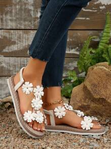 新款平底露趾女士凉鞋碎花平底度假沙滩一脚蹬凉鞋，欧美风格 - 白色 - 查看 6
