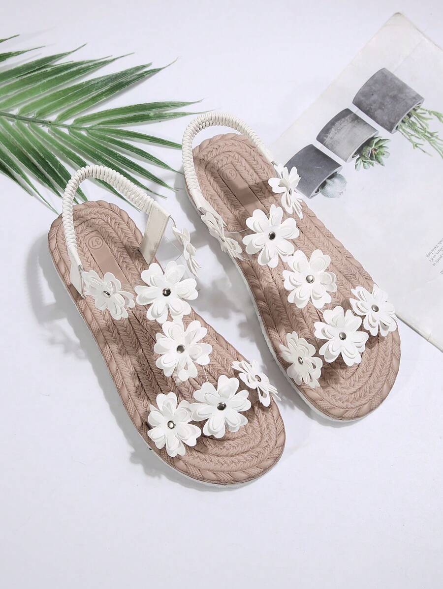 新款平底露趾女士凉鞋碎花平底度假沙滩一脚蹬凉鞋，欧美风格 - 白色 - 查看 1