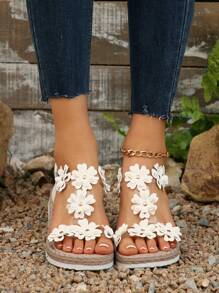 新款平底露趾女士凉鞋碎花平底度假沙滩一脚蹬凉鞋，欧美风格 - 白色 - 查看 7