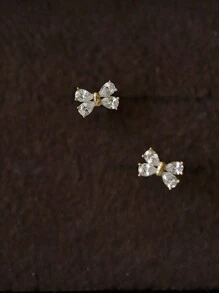 1 Pair S925 Sterling Silver 14k Gold Plated Delicate Cubic Zirconia Bow Stud Earrings For Girl - one-size - View 4