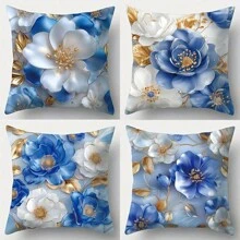 4pcs Floral Patterned Cushion Covers, Modern Style, Machine Washable, Zipper Closure, Woven Polyester, Floral Home Decor For Living Room, Blue And White Gifts Birthday Graduation