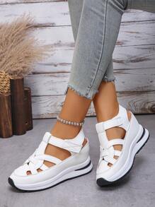 (Commandez 1 taille au-dessus si vous avez des pieds larges/épais) Sandales compensées à plateforme pour femmes, sandales romaines mode avec boucle, chaussures de course casual, sandales ajourées, sandales casual essentielles pour les vacances et les fêtes, sandales mode color block, sandales à hauteur augmentée - Blanc - Voir 6