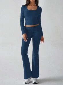 Women's Two Pieces Fall Clothes Y2K Slim Sexy Solid Color Square Collar Long Sleeve Top Pant Suit