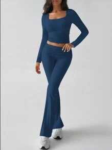 Women's Two Pieces Fall Clothes Y2K Slim Sexy Solid Color Square Collar Long Sleeve Top Pant Suit