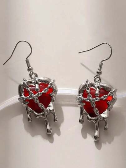 2pcs Gothic Punk Rock Liquid Red Black Heart Pendant Earrings For Women Fashion Creative Aesthetic Grunge Y2K Jewelry EMO Accessories Valentine's Day Gift Valentines,Mom,Mother,Mother's Day,Gift
