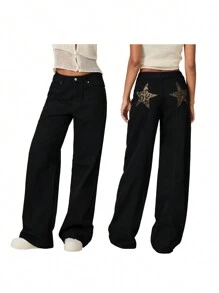 Baggy Jeans For Women Star Pattern High Waisted Straight Wide Leg Denim Pants Loose Fit Vintage 90s Jeans Streetwear Trousers Low Rise Distressed Cargo Denim Pants Aesthetic Clothes - màu đen - Xem 2