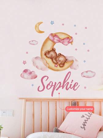 1 pieza, 120*30CM - Adhesivo de pared con texto personalizado, adhesivo de pared de un oso de peluche en la luna, adhesivo de pared de pintura de dibujos animados de nubes y estrellas, adhesivo de pared de pintura autoadhesiva para bebé para decoración del hogar, dormitorio, estudio, sala de estar, aula escolar, pasillo, adhesivos de pared de bebé extraíbles de PVC, niños, noche de gala, moderno, colorido, lindo