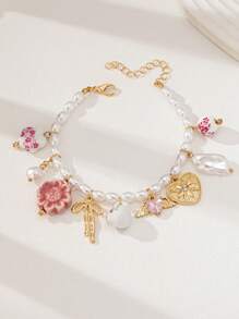 1 chiếc vòng tay gốm thủ công hình nơ và trái tim, chuỗi hạt ngọc trai giả, vòng tay hạt charm thiết kế cơ bản dành cho phụ nữ (Màu sắc và hình dạng có thể thay đổi đôi chút) - Nhiều màu - Xem 2