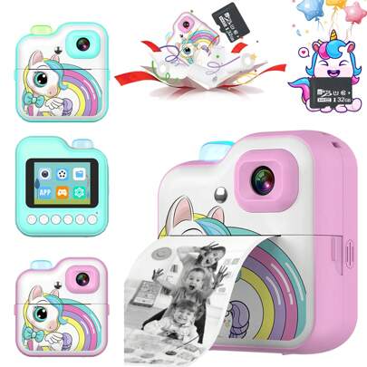 儿童即时打印相机，适合6-10岁女孩的圣诞节/生日礼物，便携式旅行相机玩具，适合3-12岁男孩女孩，寓教于乐的玩具