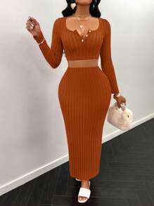 AIJ Amarilo Women's Fall Solid Knitted Crop Long Sleeve Top And Long Skirt For Casual And Simple In Home And Outing Two Pieces Set - Yellowish Brown - View 6