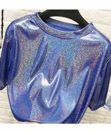 Camiseta Top Blusa Metalica Brillante Manga Corta Moda Mujer - Azul - Ver 4