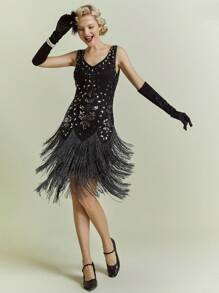 BABEYOND 1920s Flapper Dress Roaring 20s Great Gatsby Costume Dress Fringed Embellished Dress - 黑銀色 - 查看 3