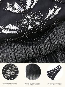 BABEYOND 1920s Flapper Dress Roaring 20s Great Gatsby Costume Dress Fringed Embellished Dress - 黑銀色 - 查看 4