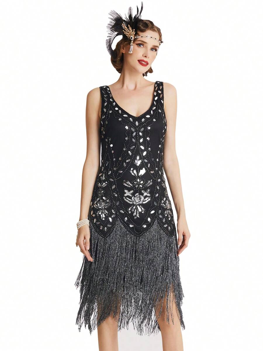BABEYOND 1920s Flapper Dress Roaring 20s Great Gatsby Costume Dress Fringed Embellished Dress - 黑銀色 - 查看 1