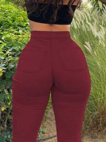 Vibrant Pastel Skinny Jeans - High-Rise, Zipper Button Closure, Soft Stretch Denim, Comfortable Fit, Women's Fashionable Denim Pants & Clothing For Everyday Wear(The Size Is Slightly Small; It Is Recommended To Order One Size Up.) - 酒紅色 - 查看 5