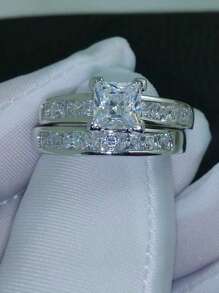 Yayi jewelry 2 件/套优雅方形立方氧化锆戒指婚礼订婚情侣戒指，送给女朋友的新娘礼物，情人节，母亲节，生日，妈妈，母亲，母亲节，礼物 - 優雅婚戒 - 查看 1