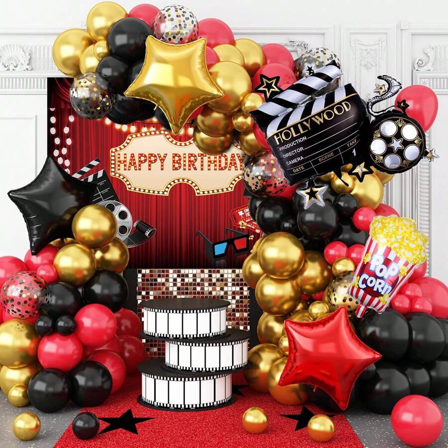 123pcs Movie Night Balloon Garland Arch Set, Red Black Gold Balloons With Camera Clipboard Star Popcorn Aluminum Film Balloons, Happy Birthday Party Background Banner Has A Variety Of Sizes For You To Choose Separately, Perfect For Birthday Parties, Anniversaries, Movie Theme Party Decorations Supplies (Ps: Balloons And Background Cloth Are Sold Separately!)