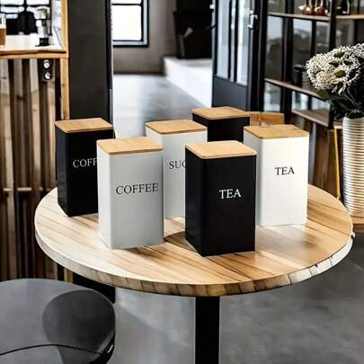 1 Stück moderner quadratischer Metall Spardose für die Küche mit Bambusdeckel, Kaffee Zucker Tee Behälter, Küchenorganisationsset, modisch beschriftete Spardose, dekorative Küchen-Spardose